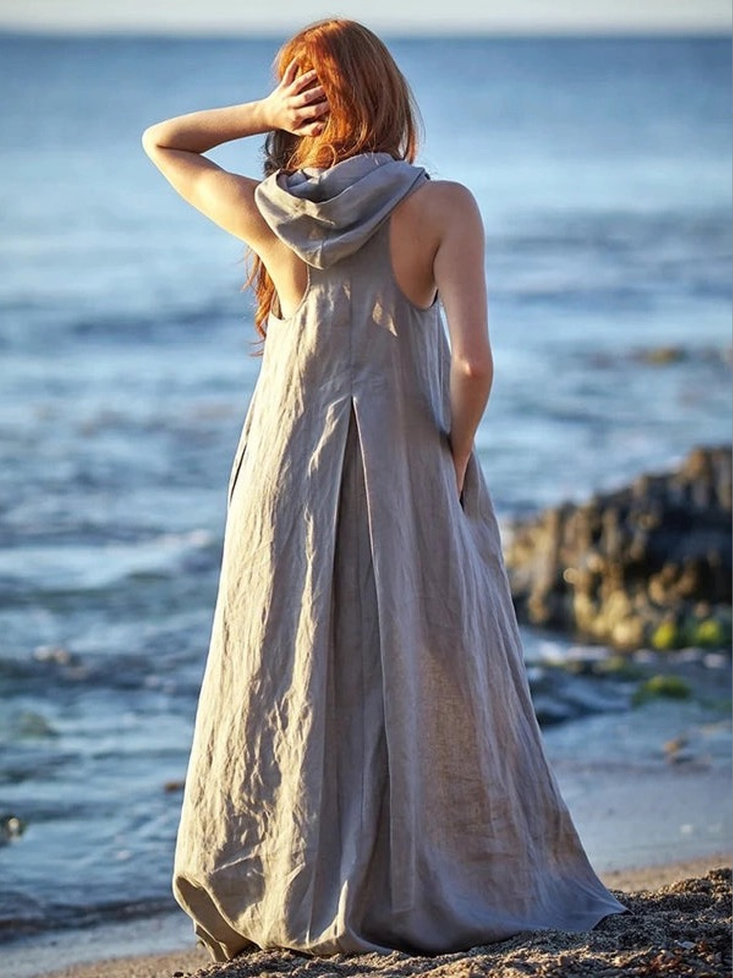 Hooded washed-linen maxi dress