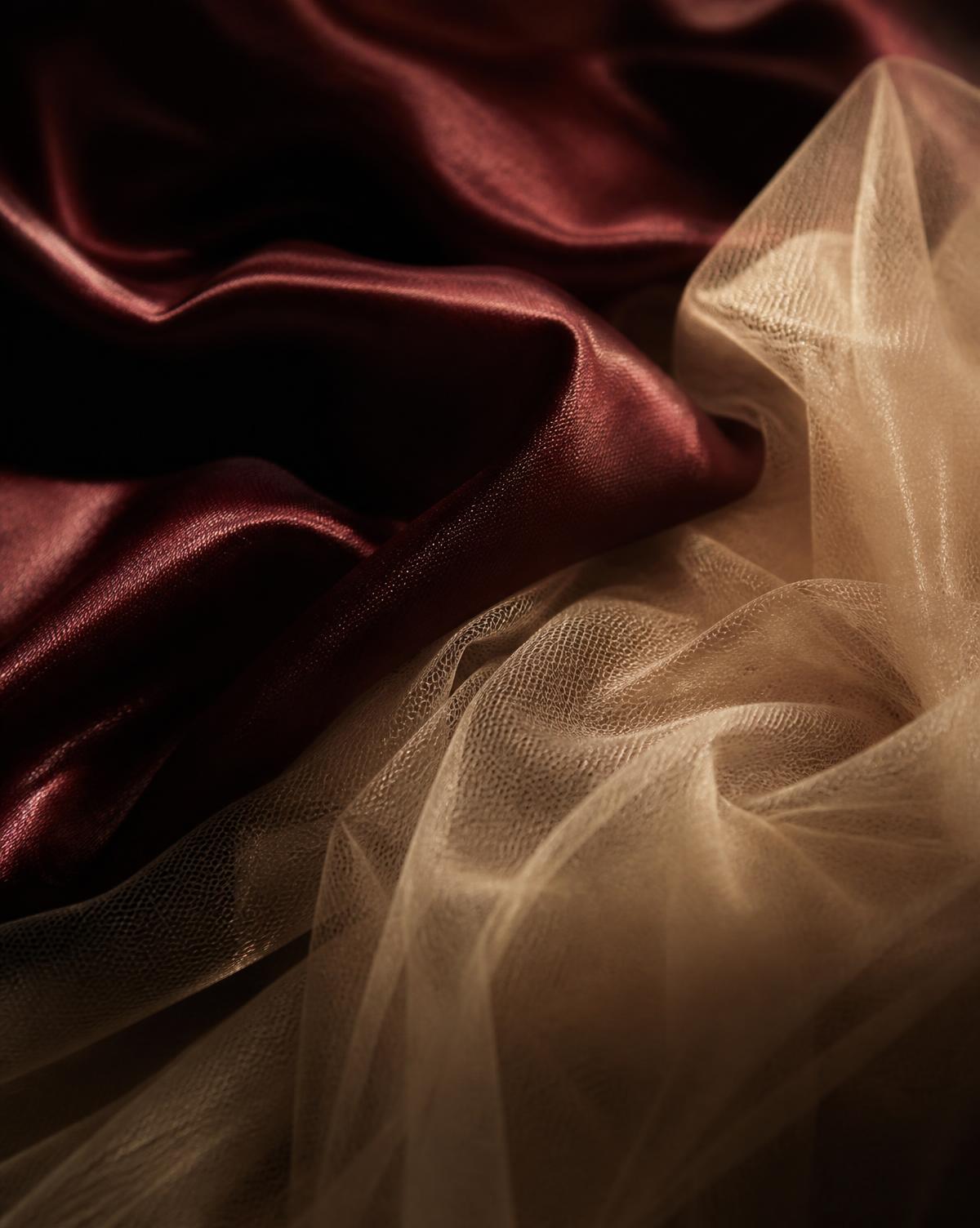 Deep plum silk and ivory tulle in warm light