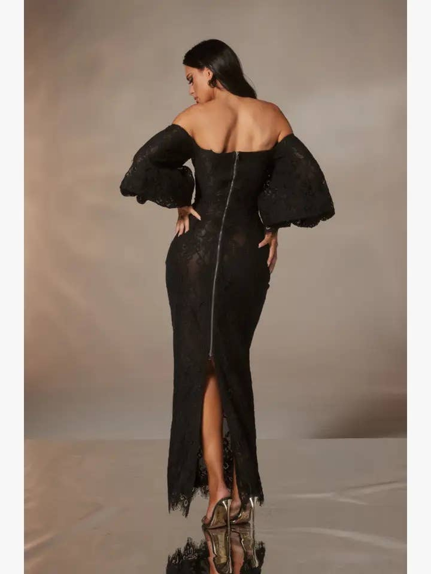 Chantilly lace off-shoulder midi dress
