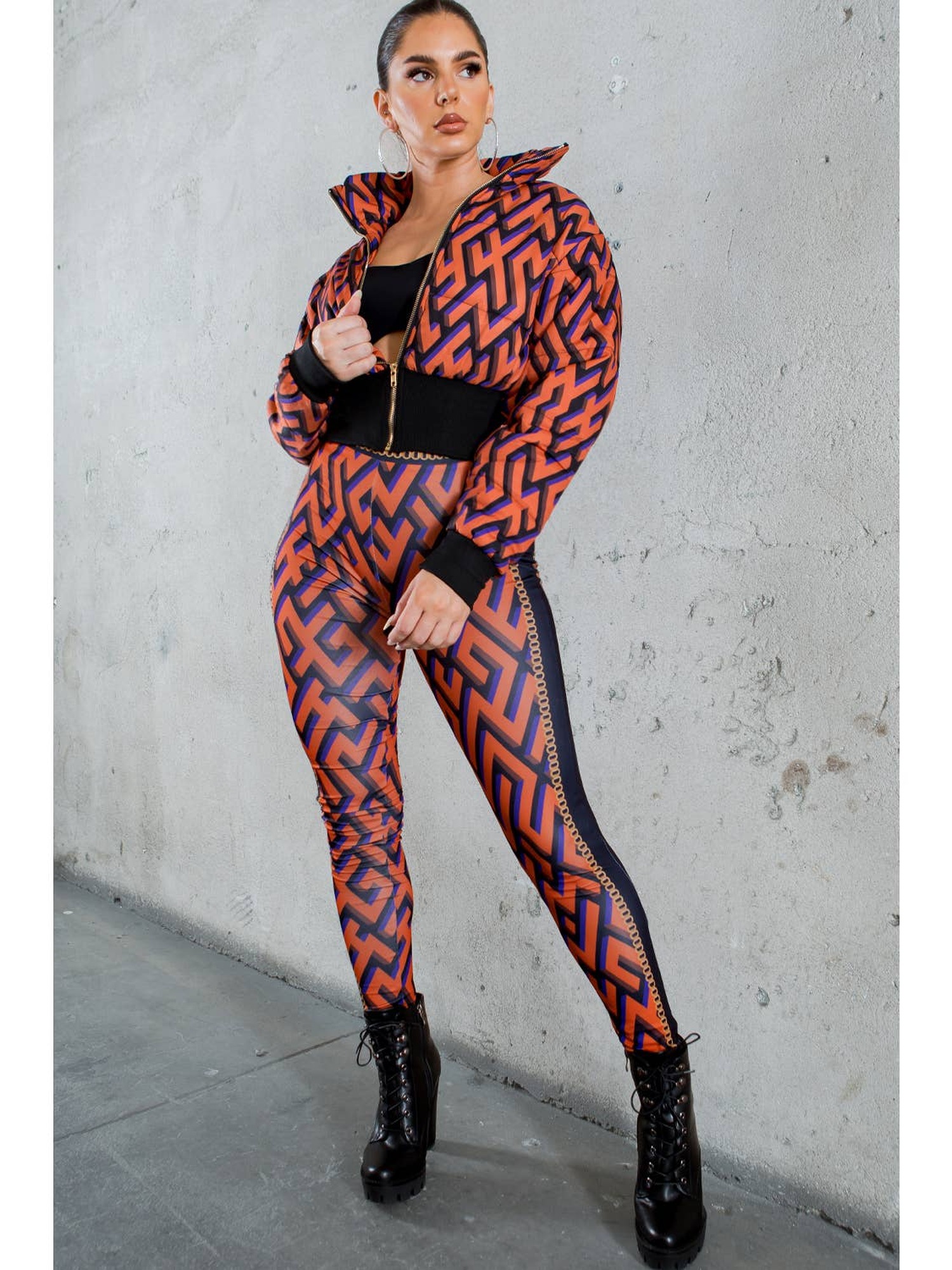 Look 13 — Geometric-print cropped puffer and legging set