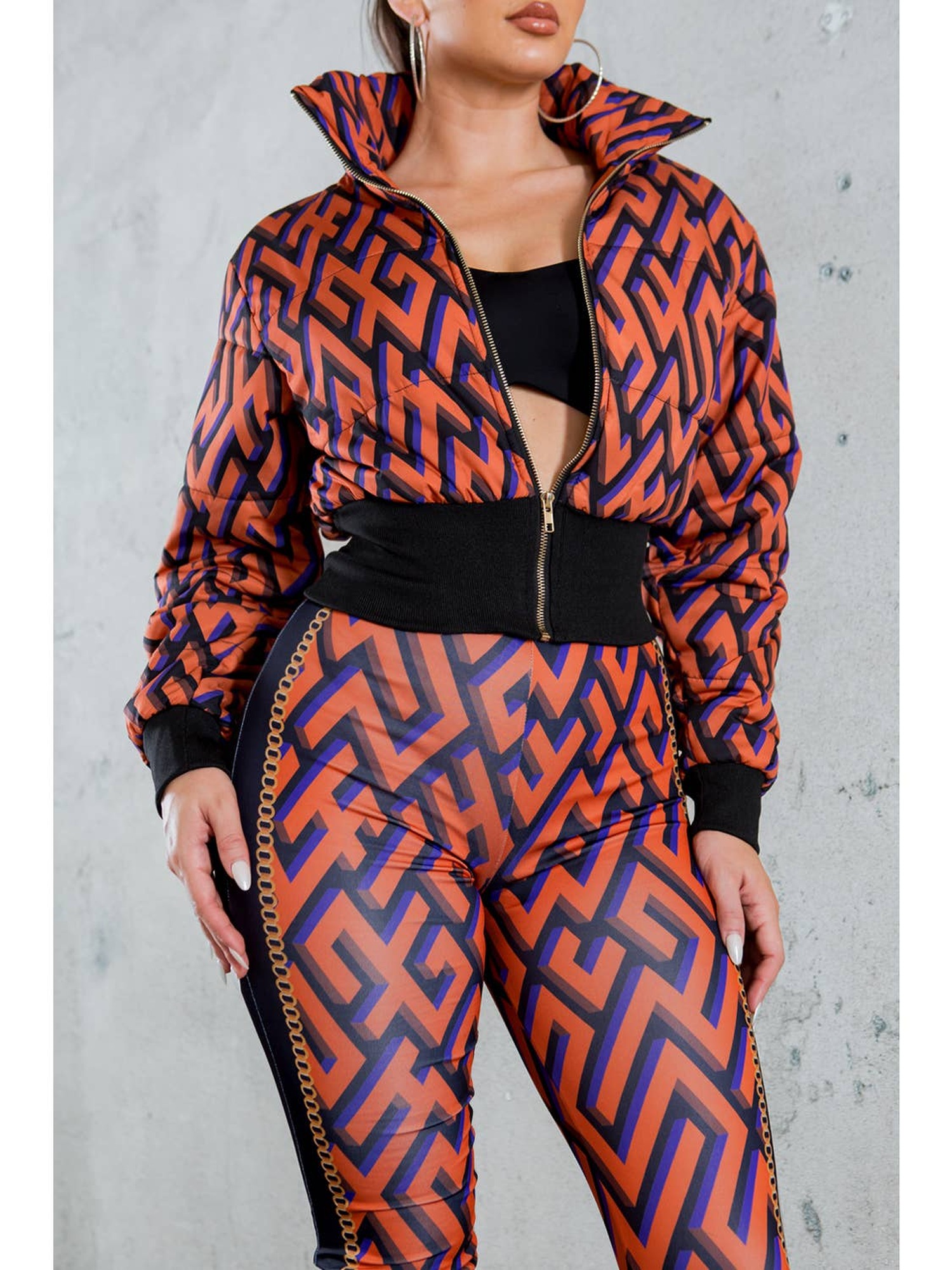 Geometric-print cropped puffer and legging set