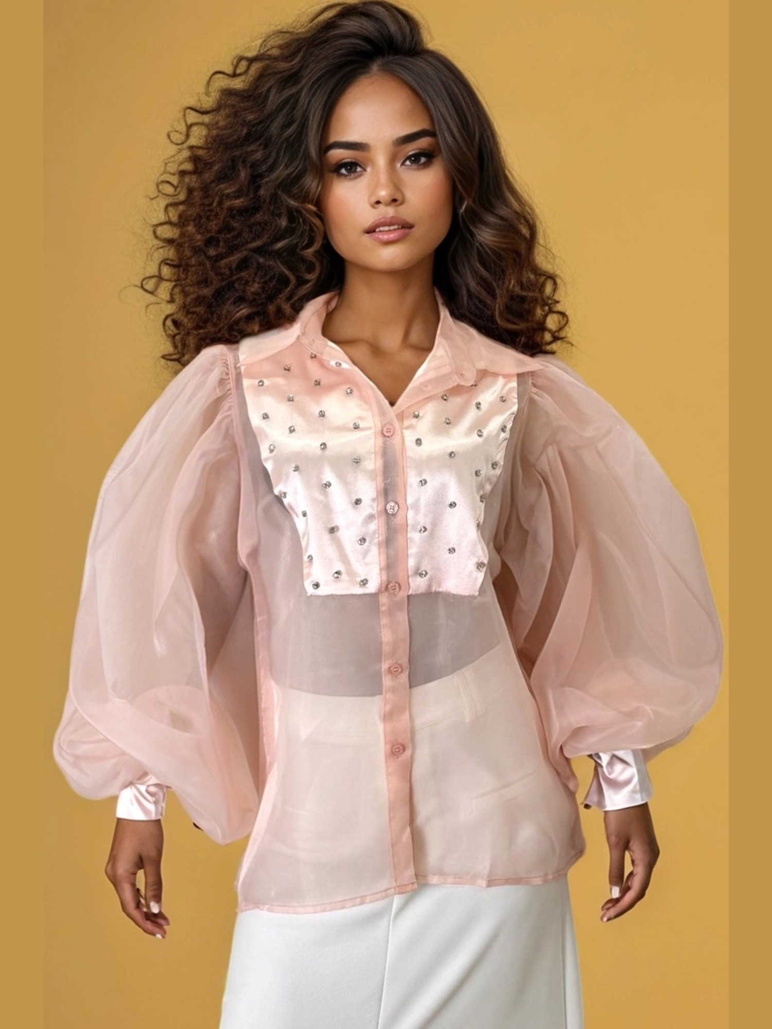 Organza puff-sleeve tuxedo blouse