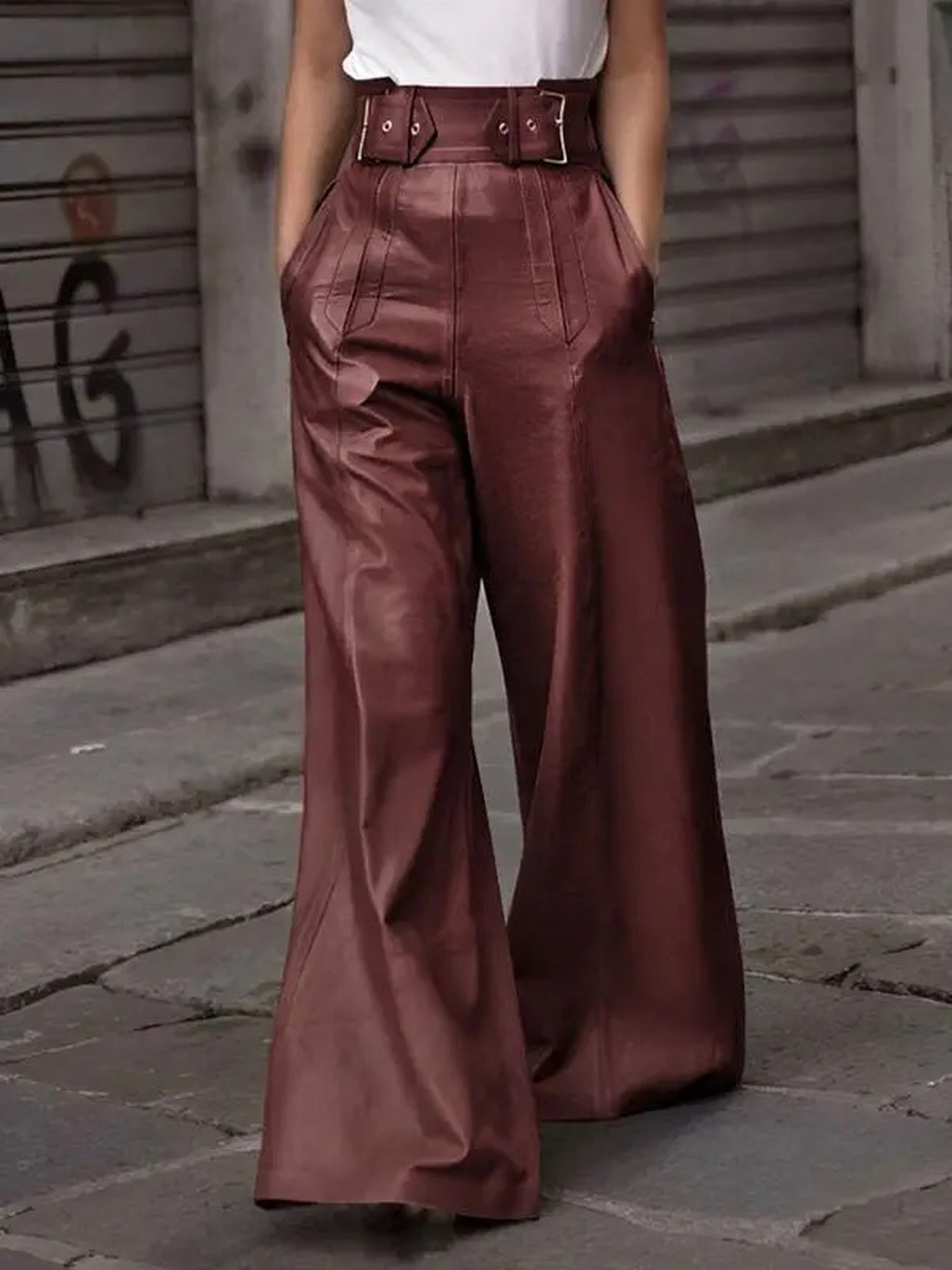 Belted high-waist wide-leg trousers