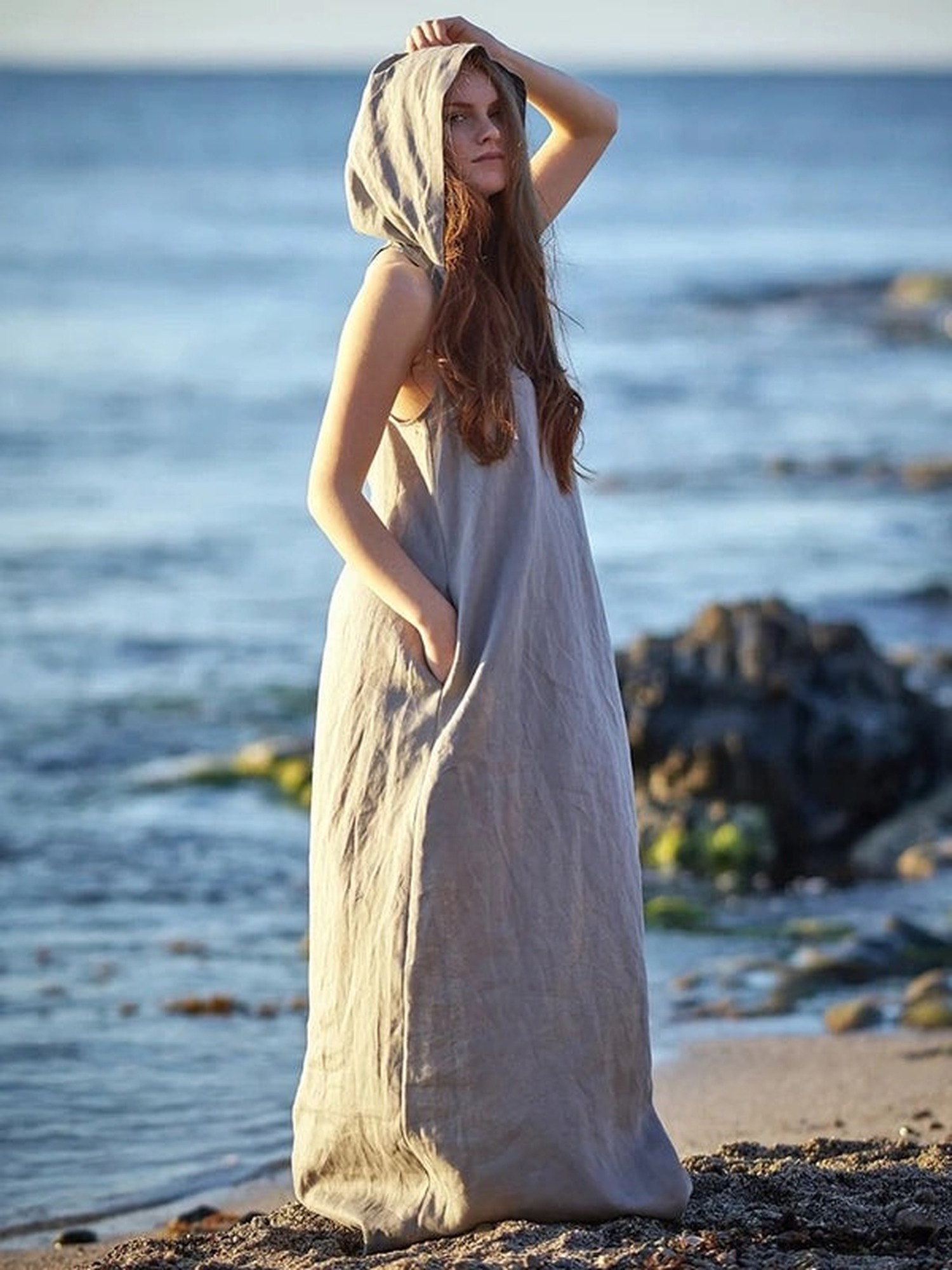 Look 08 — Hooded washed-linen maxi dress