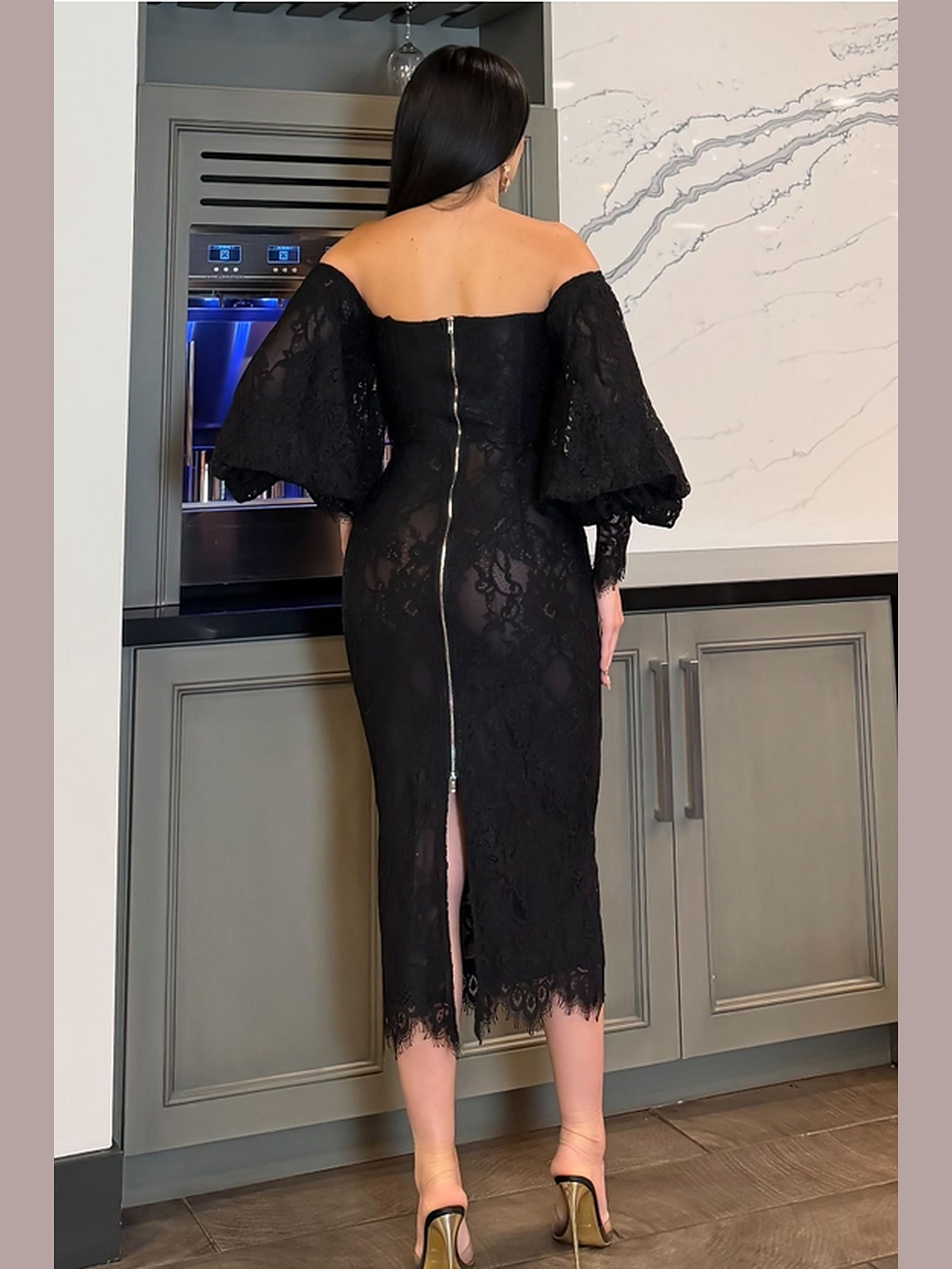 Chantilly lace off-shoulder midi dress