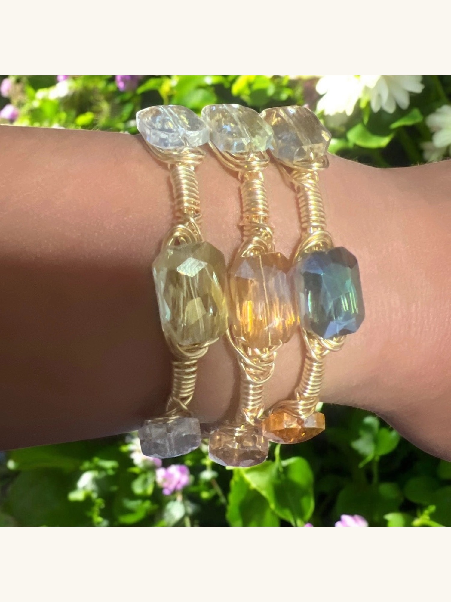 Wire-wrapped crystal brass bangle