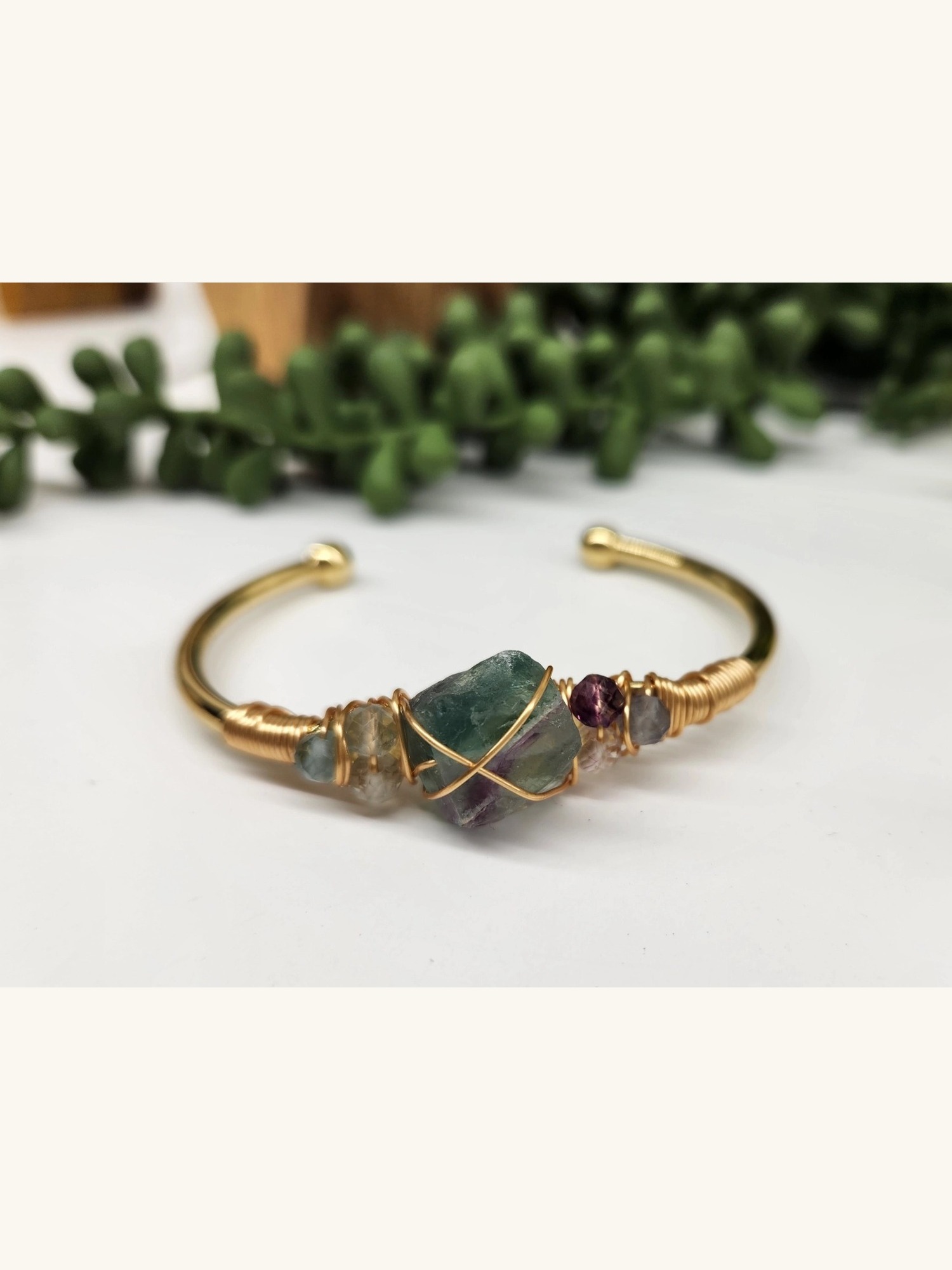 Wire-wrapped raw gemstone bangle bracelet
