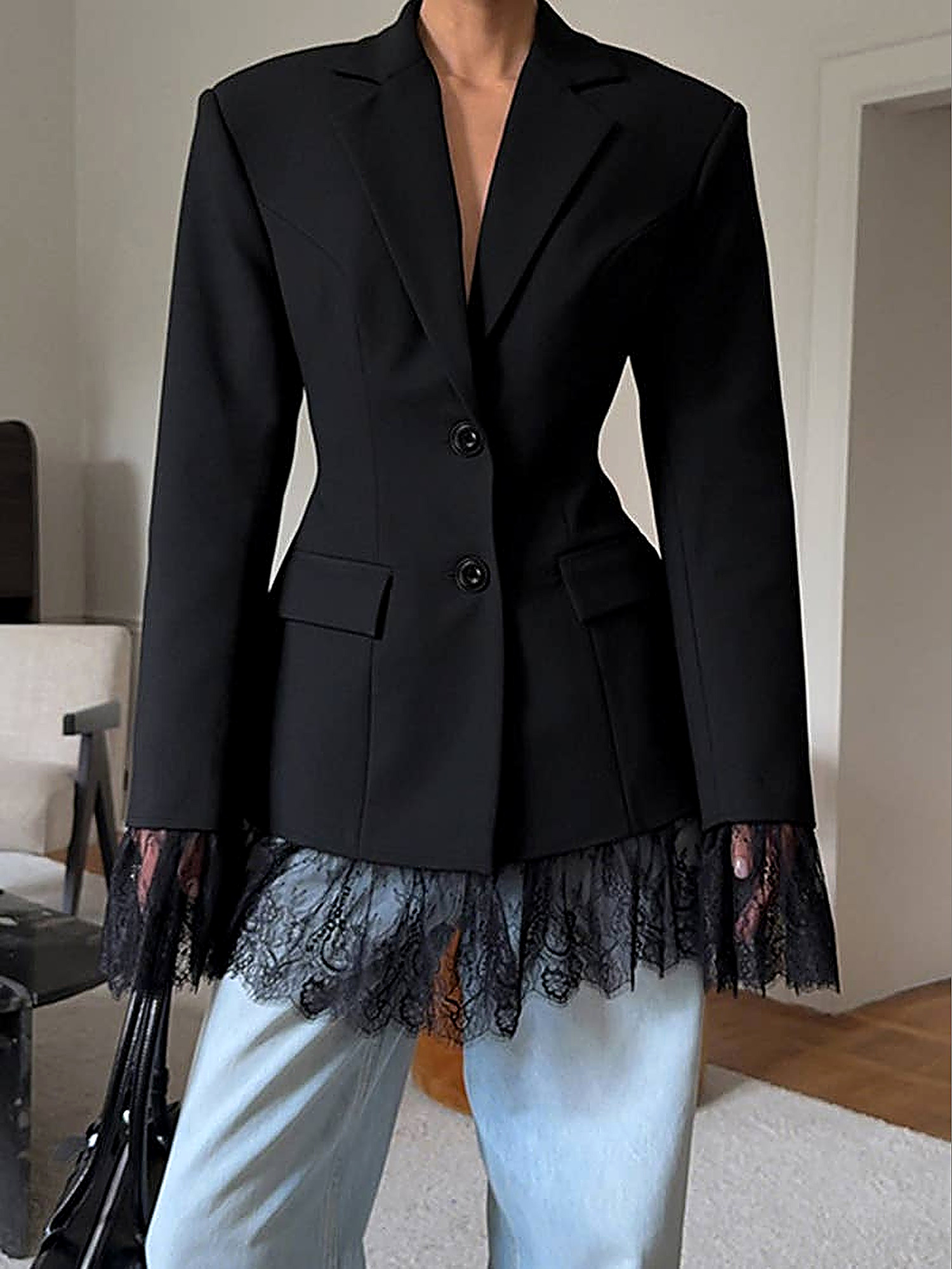 Lace-trimmed tailored blazer