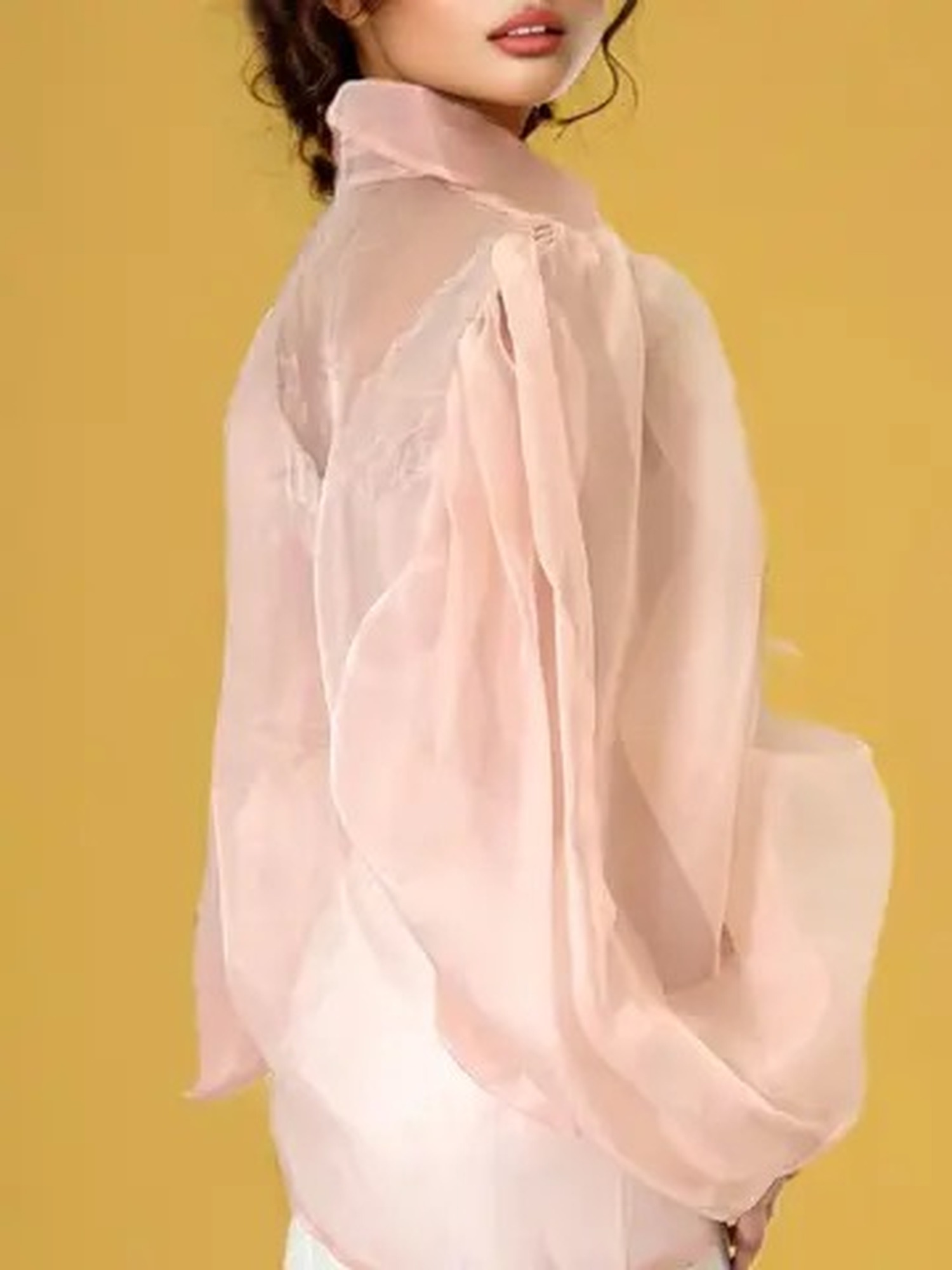 Organza puff-sleeve tuxedo blouse