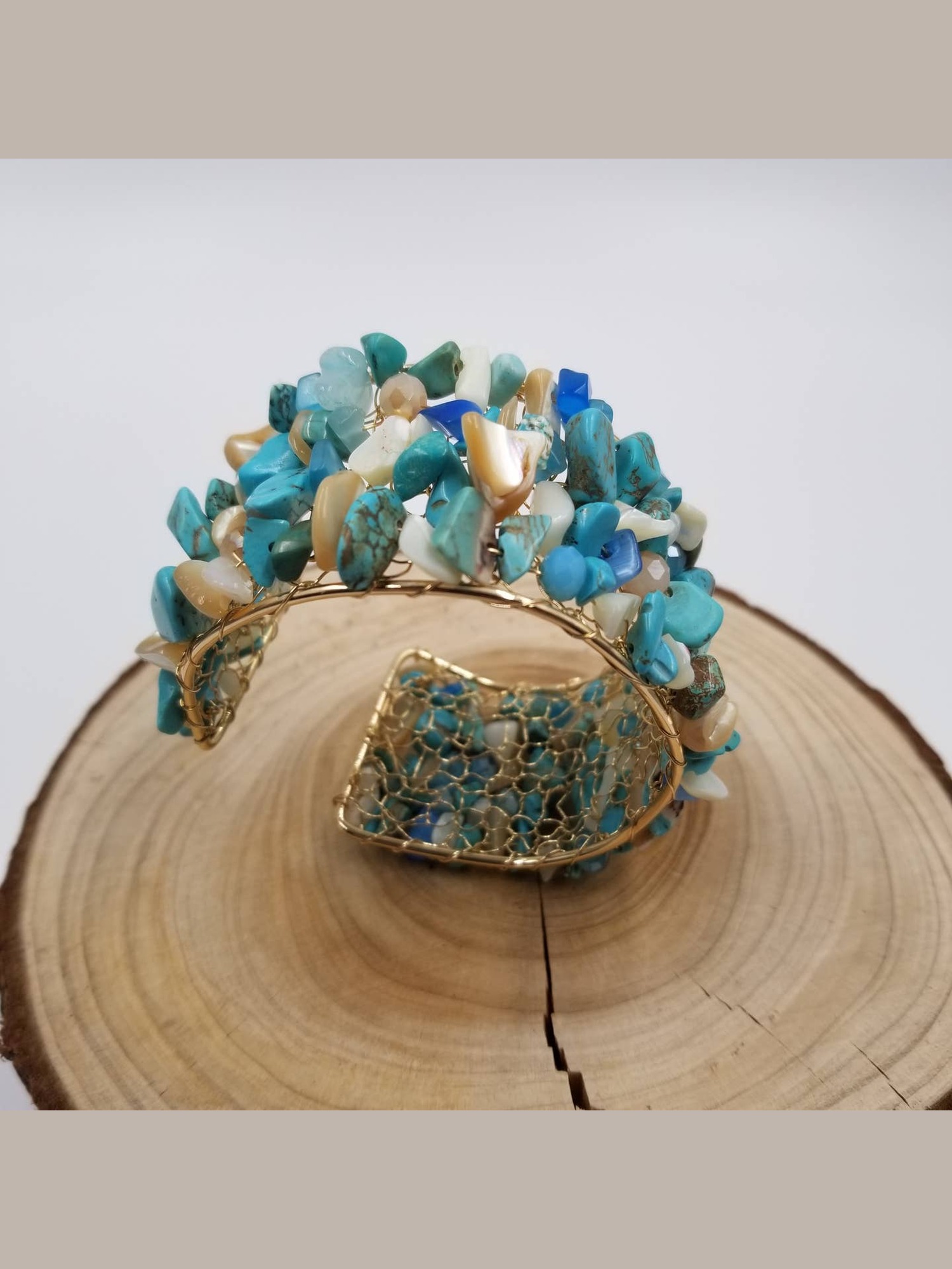 Turquoise and shell gemstone cuff bracelet
