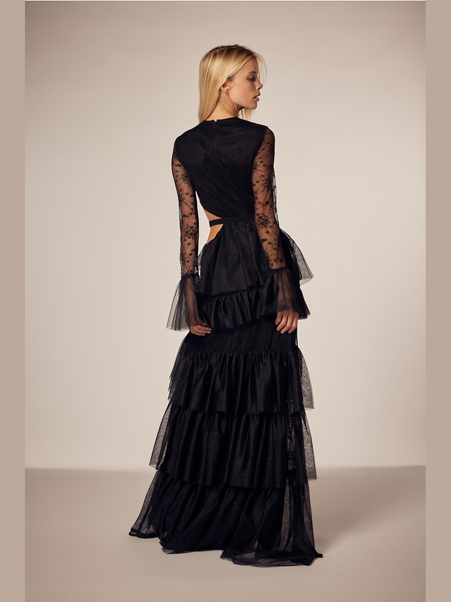 Embroidered mesh tiered maxi dress