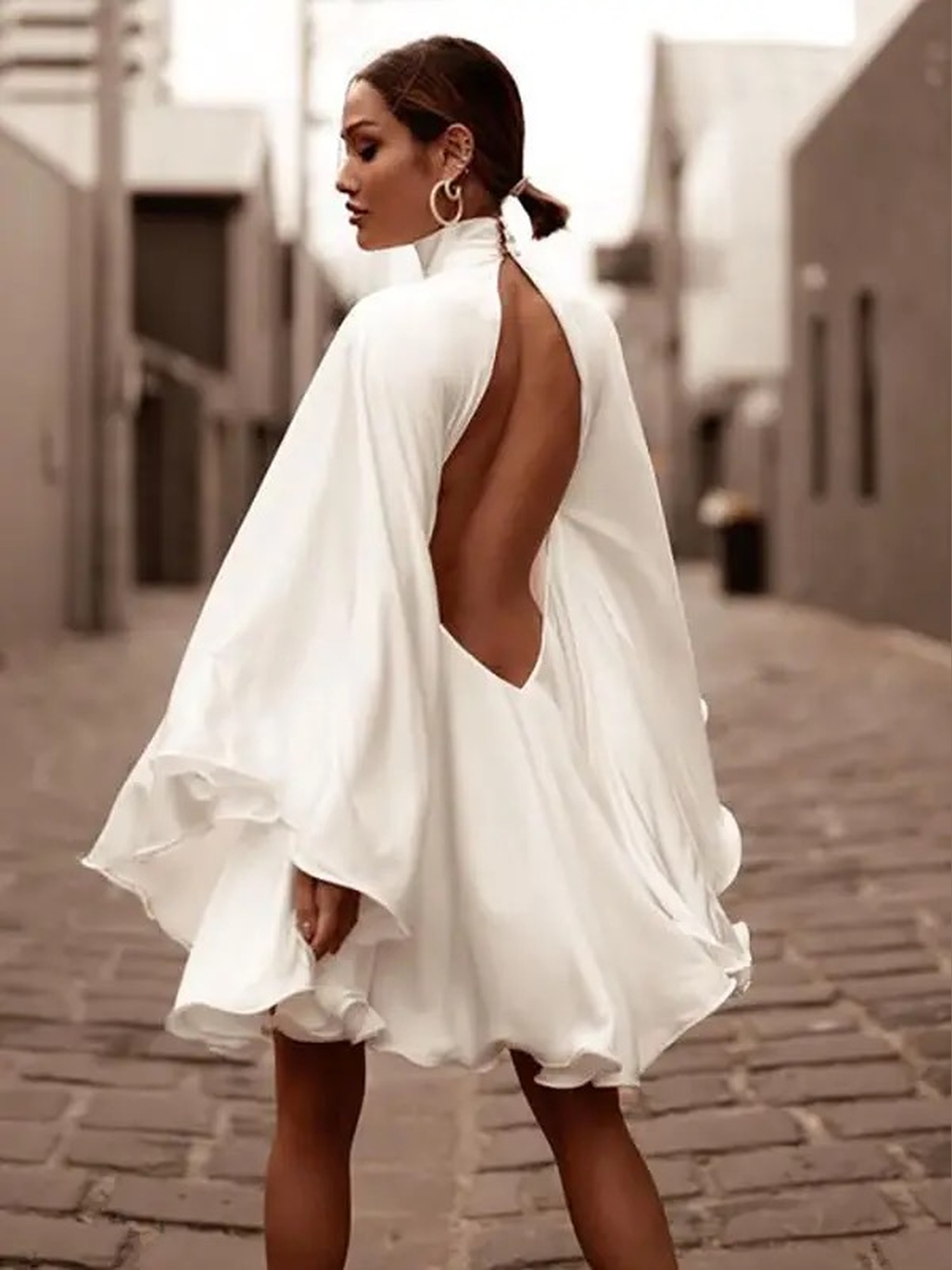 Backless flared-sleeve satin mini dress