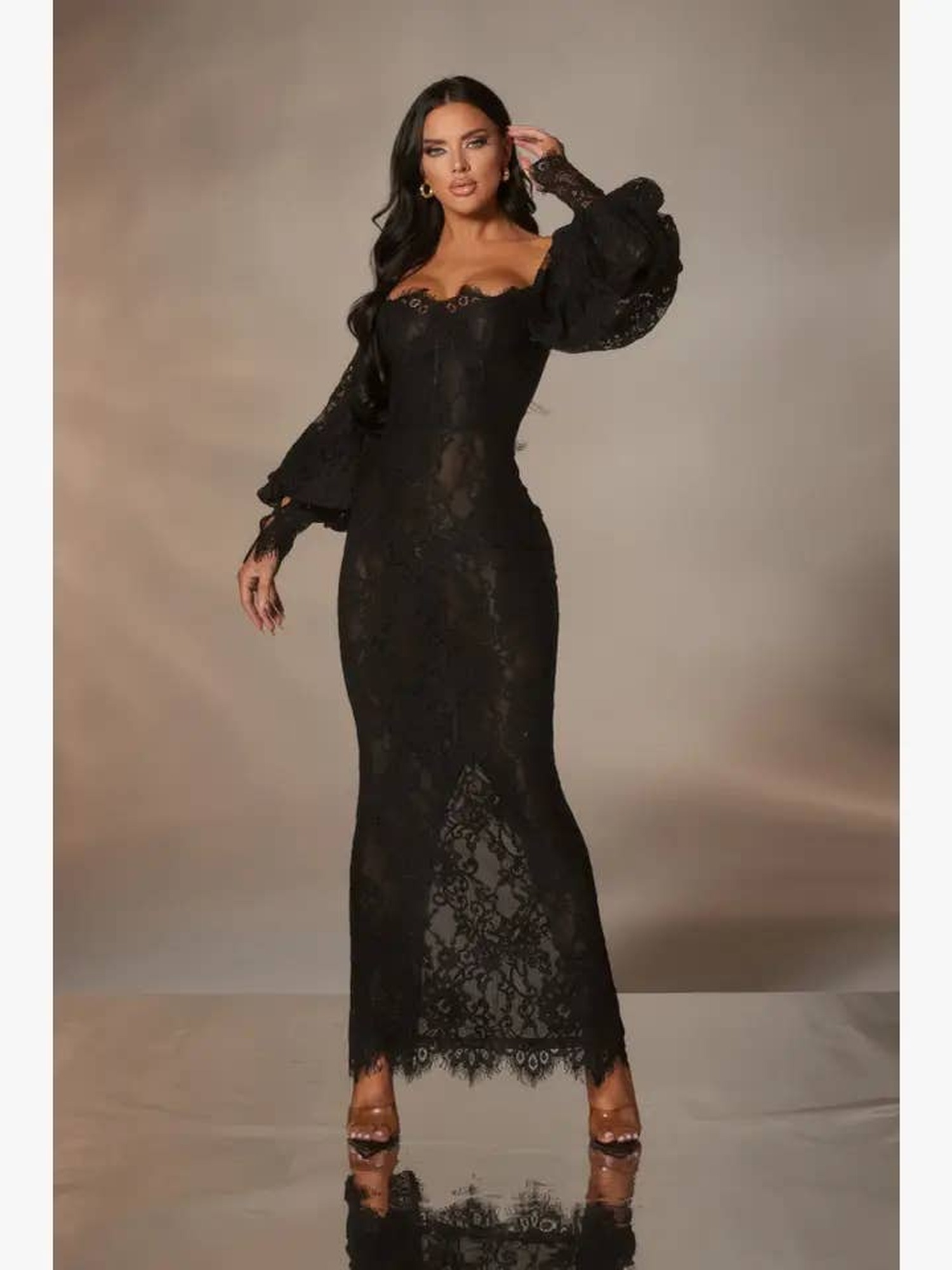 Chantilly lace off-shoulder midi dress