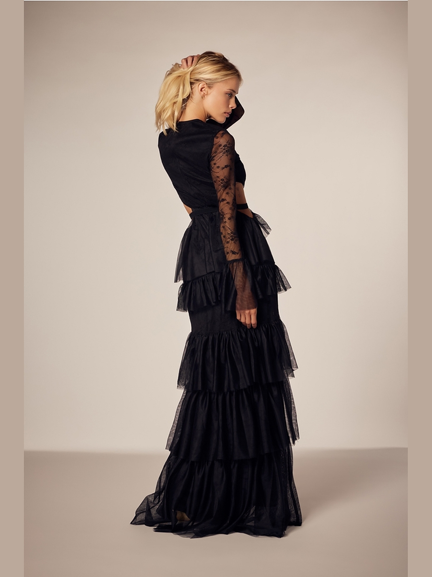 Embroidered mesh tiered maxi dress