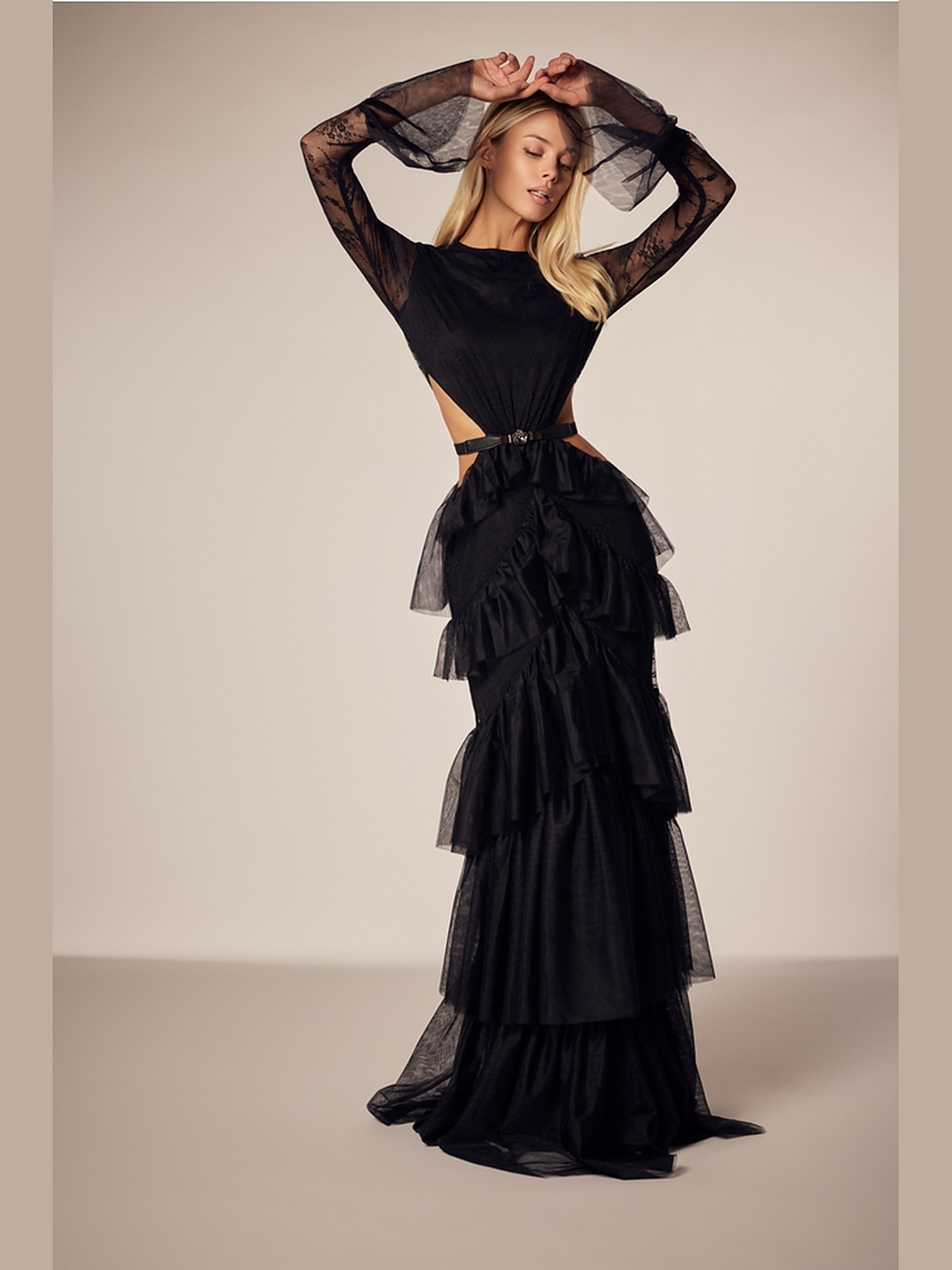 Embroidered mesh tiered maxi dress