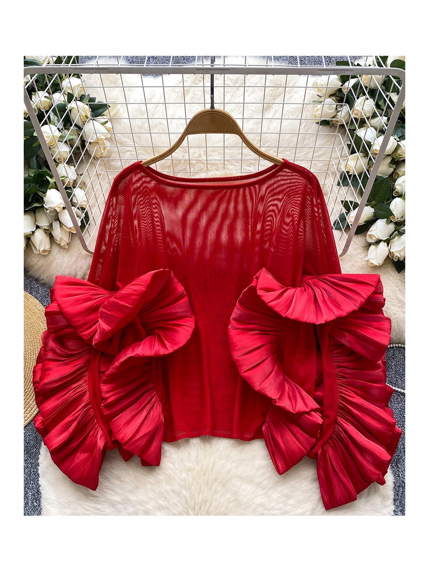 Pleated ruffle-sleeve mesh top