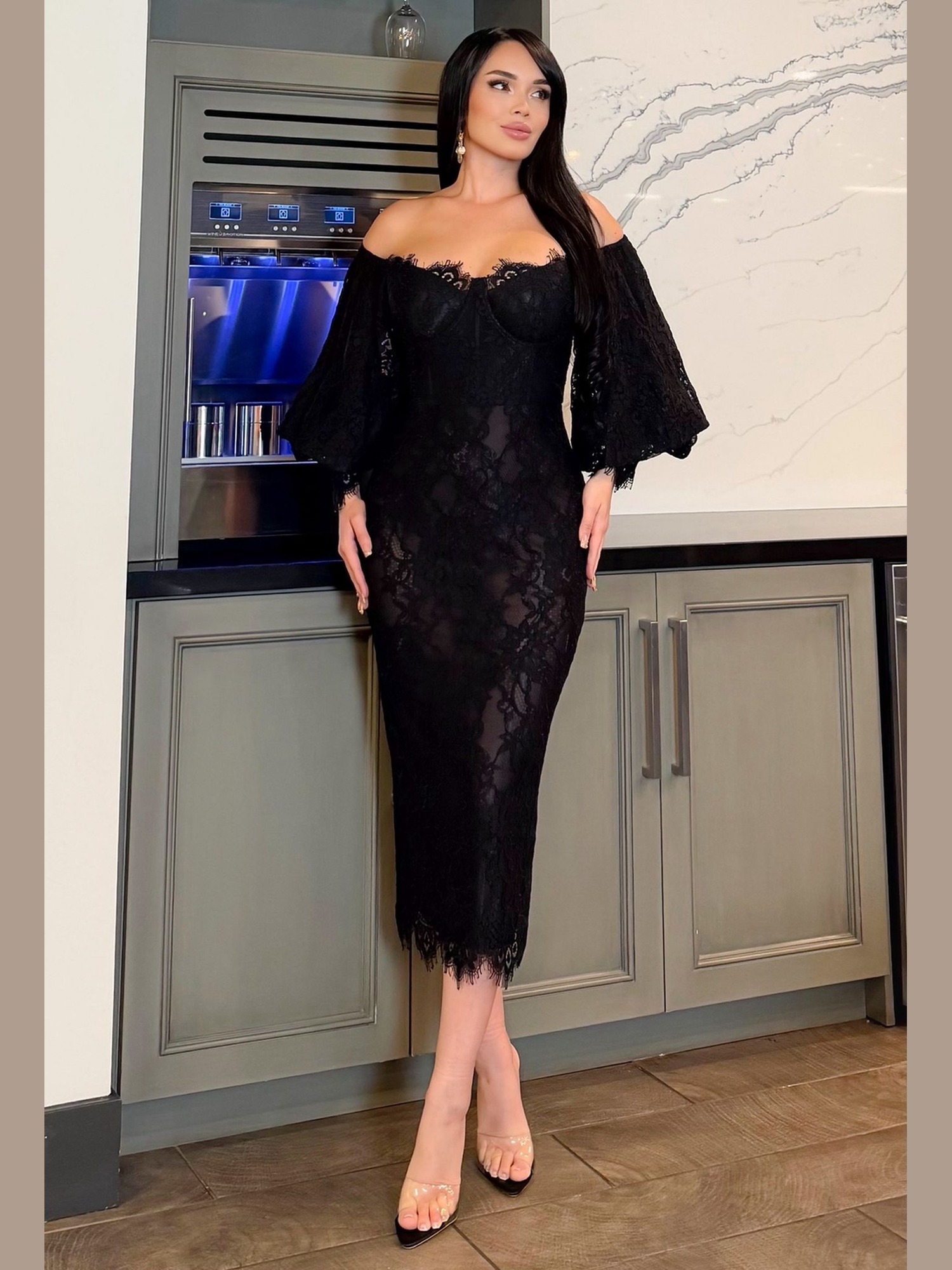 Look 16 — Chantilly lace off-shoulder midi dress