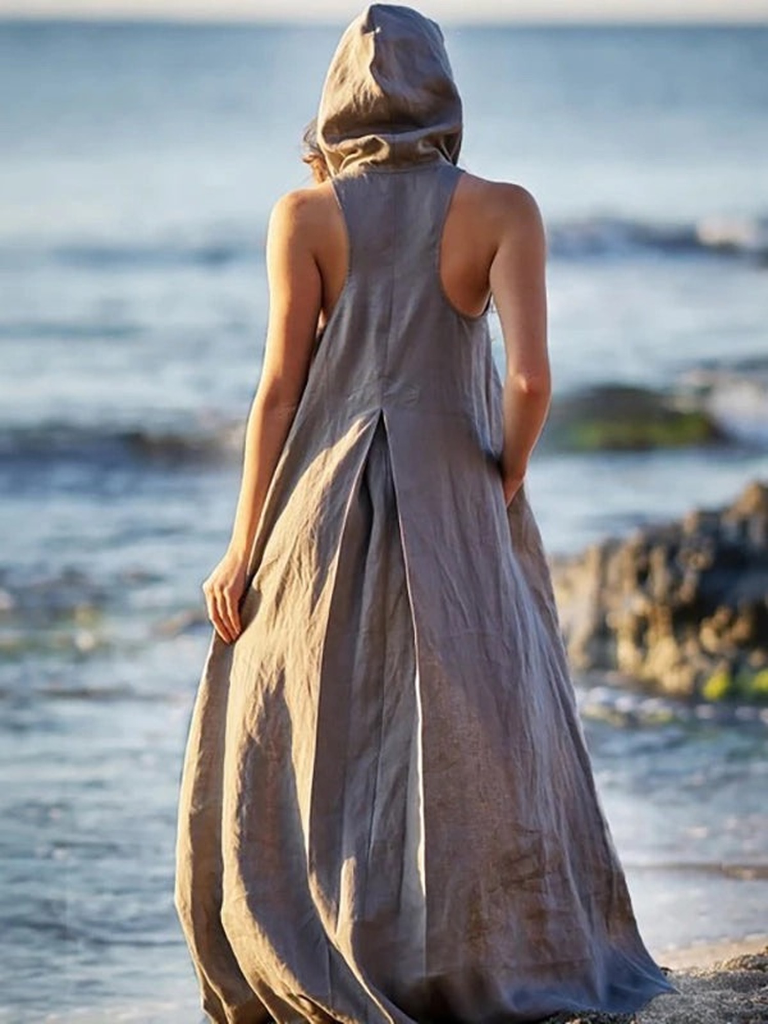 Hooded washed-linen maxi dress